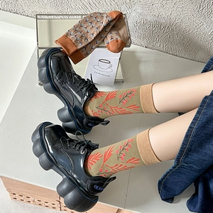 Platform black patent leather shoes with patterned mid-calf socks in retro style