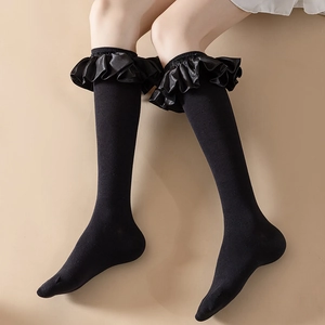 Japanese Lolita style black cotton knee high socks with elegant satin ruffle lace trim