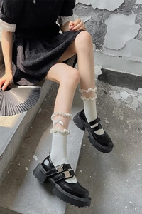 Détails des Mary Janes noires à semelles compensées et chaussettes blanches à dentelle