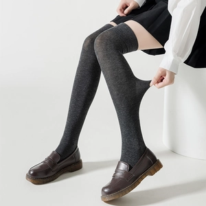 Deep grey knit over-the-knee socks with high elasticity for a stylish Japanese preppy look