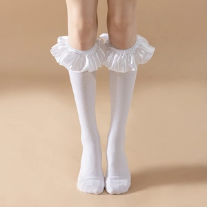 White Lolita calf socks with satin ruffle lace trim for women in sweet princess style