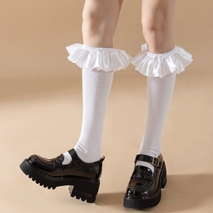 Lolita Knee High Socks With Satin Ruffle Trim Cotton Blend Calf Length Japanese Sweet JK Style Accessories For Women