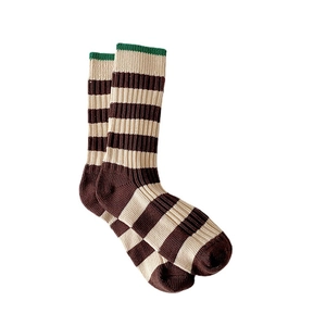 Retro striped crew socks in brown and beige with green trim on a white background