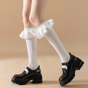 Detail of white ruffle trim calf socks paired with black platform Mary Jane shoes