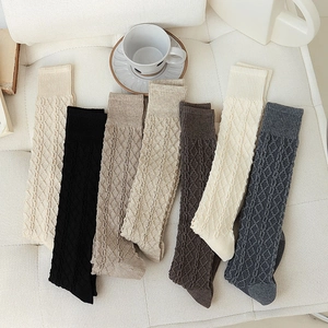 Close-up of knit knee-high socks featuring textured diamond and cable patterns in neutral tones