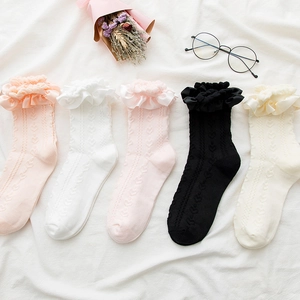 Détails des motifs de cœur tricotés et bordures en dentelle sur chaussettes Lolita