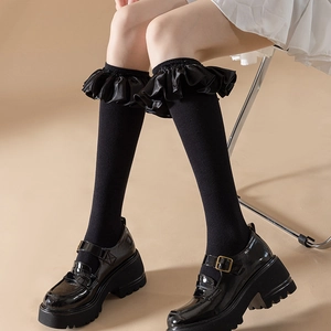 Japanese Lolita black ruffled knee high socks with glossy platform Mary Jane shoes