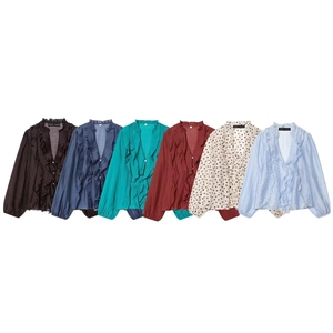 Women's V-neck long sleeve ruffled chiffon blouses in six assorted colors and patterns