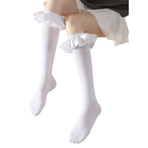 Lolita white knit over-the-knee socks with layered satin ruffle cuffs in Japanese style