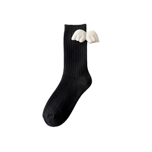 Black ribbed crew socks with cute 3D white plush wings decoration in Japanese JK style