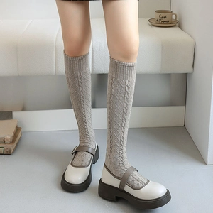 Japanese style argyle cable knit knee high wool socks in taupe for autumn and winter