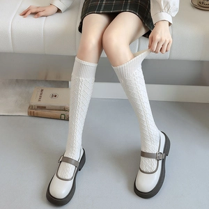 Japanese style cable knit knee-high socks in white wool blend for women's JK outfit