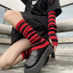 Red Black Striped Knitted Arm Warmers And Leg Warmers Fingerless Long Sleeves With Thumb Hole Rippled Edge Punk Goth