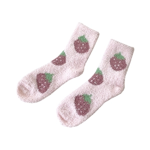 Pink coral fleece strawberry socks for women, thick thermal winter home sleeping socks