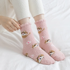 Pink coral fleece thermal socks with cute cartoon hamster pattern for home and sleep