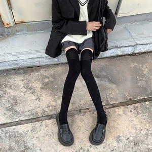 Chaussettes Hautes Femme Tricot Coton Mélangé Épais Thermique Style Japonais JK Preppy Bas Haut De Cuisse Bord Côte