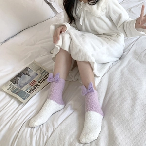 Soft purple coral fleece socks with 3D bow decoration for winter cozy home wear