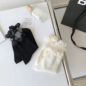 Chaussettes hautes à dentelle et nœuds en satin, noir et beige, style Lolita