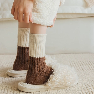 Women's warm wool knit socks in beige and brown color-block style for winter comfort