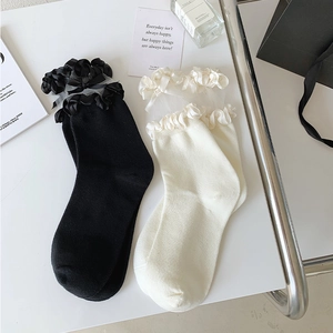 Détails de chaussettes en résille style JK avec bordure en dentelle et nœud décoratif
