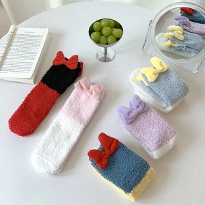 Women Coral Fleece Mid Tube Socks Thickened Warm Indoor Floor Sleeping Bow Knot Sweet Princess Home Hosiery