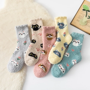 Women Sleeping Socks Thick Coral Fleece Warm Fuzzy Home Floor Mid Calf Socks Cartoon Animal Cat Hamster Winter Indoor