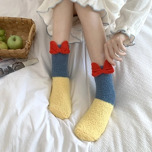 Fleece thermal home socks with cute bow in yellow and blue contrast winter style