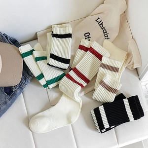 Detailed macro of ribbed cotton knee-high socks with classic double-stripe pattern designs