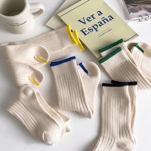 Detail of ribbed knit crew socks with colorful stripes and soft cotton texture