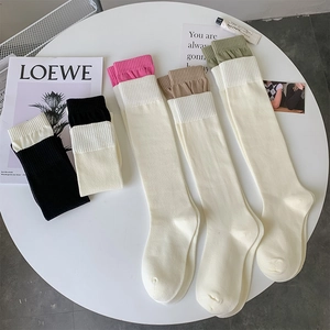 Women Calf Socks Cotton Knitted Slouchy Knee High Color Block Ribbed Cuff JK Style Japanese Harajuku Aesthetic Fashionable