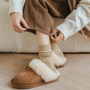 Women's chestnut suede snow slippers with thick wool lining and platform non-slip sole