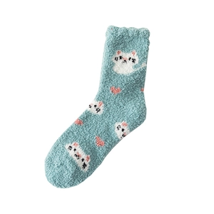 Thick light blue coral fleece thermal socks with cute white cat patterns and pink hearts