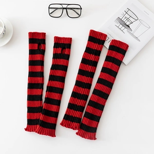 Red and black striped knitted leg warmers with thumb holes for Lolita and punk style