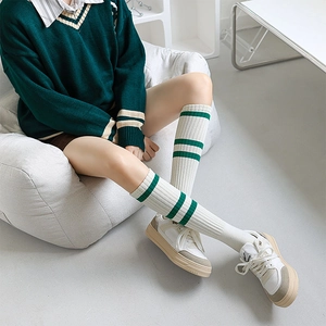 Japanese style white calf socks with double green stripes and ribbed texture for school look