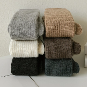 Detailed view of rib-knit wool over-knee socks in six essential winter colors