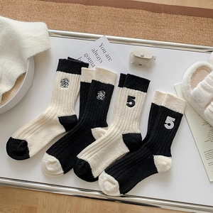 Women Contrast Color Wool Blend Mid Tube Socks Thick Warm Camellia Flower Number Embroidery Ribbed Socks Casual Accessory
