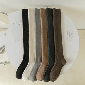Women Japanese JK Style Over The Knee Socks Solid Color Wool Blend Knit Ribbed Leg Warmers Winter Warm Thigh High Socks