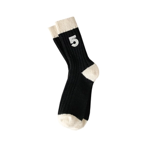 Wool blend socks with camel flower style contrast colors and number 5 embroidery