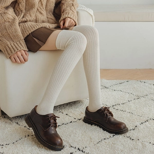 Off-white ribbed wool-blend over-the-knee socks for women in vintage Japanese style