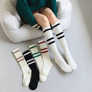 Women Knee High Socks Cotton Striped Ribbed Knit Calf Length Preppy Style Casual Breathable Athletic Striped Stockings