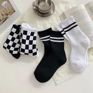 Three-pack cotton mid-calf socks with checkerboard pattern and athletic stripes