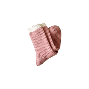 Pink rib-knit wool socks with cream trim contrast design for women's winter fashion