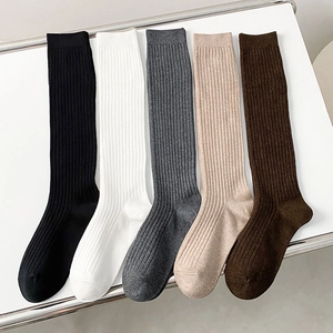 Women Knee High Cotton Socks Ribbed Vertical Striped Japanese JK Style Solid Color Winter Warm Calf Length Leg Warmers