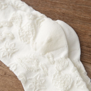 Vue macro de chaussettes en maille relief blanche avec motifs floraux