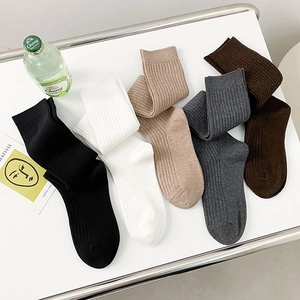 Set of five ribbed cotton crew socks in neutral earth tones displayed on a desk
