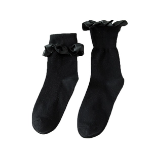 Sweet Lolita black crew socks with satin ruffle trim and knitted cotton blend texture