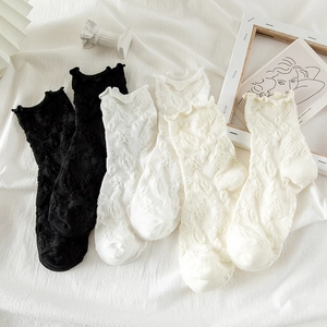 Chaussettes Mi-Mollet En Coton Pour Femmes Bordure À Volants Lolita Style JK Jacquard Floral Ajouré Mode Japonaise
