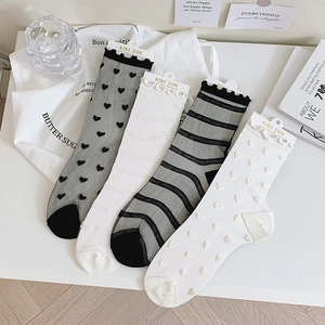 Set of four transparent crystal lace socks with heart patterns and striped designs