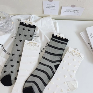 Detail of sheer glass silk socks featuring heart patterns and ruffled cuffs in packaging