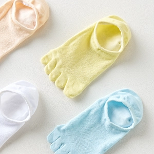 Detail of breathable knit cotton five-finger liner socks in pastel candy colors